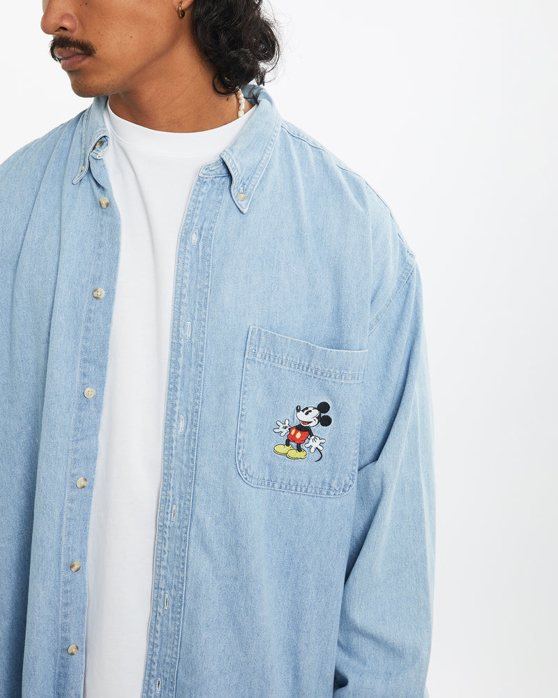 Vintage Disney Mickey Mouse Denim Button Up Shirt <br>L , The Real Deal , newtown, sydney, australia, thrift store, opshop, preloved, secondhand, sustainable, retro, antique, 70s, 80s, 90s, 2000s, 00s, fashion, clothing, streetwear, trendy, garment, style, boutique, store, shop, archive, sale, cheap, best, top