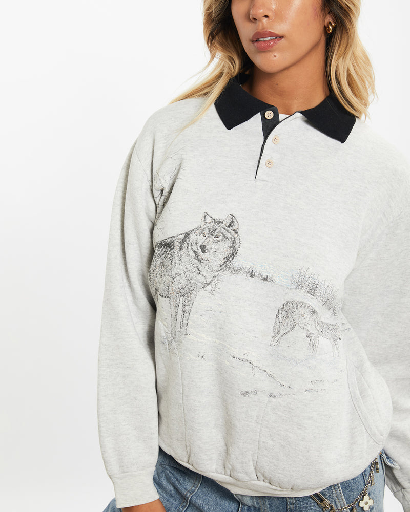 90s Wolf Wildlife Collared Sweatshirt <br>XS