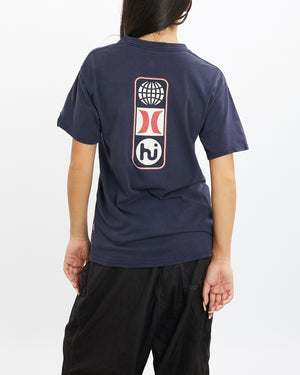 front full body shot of model wearing a Vintage 90s Hurley Tee, colour Navy, size S