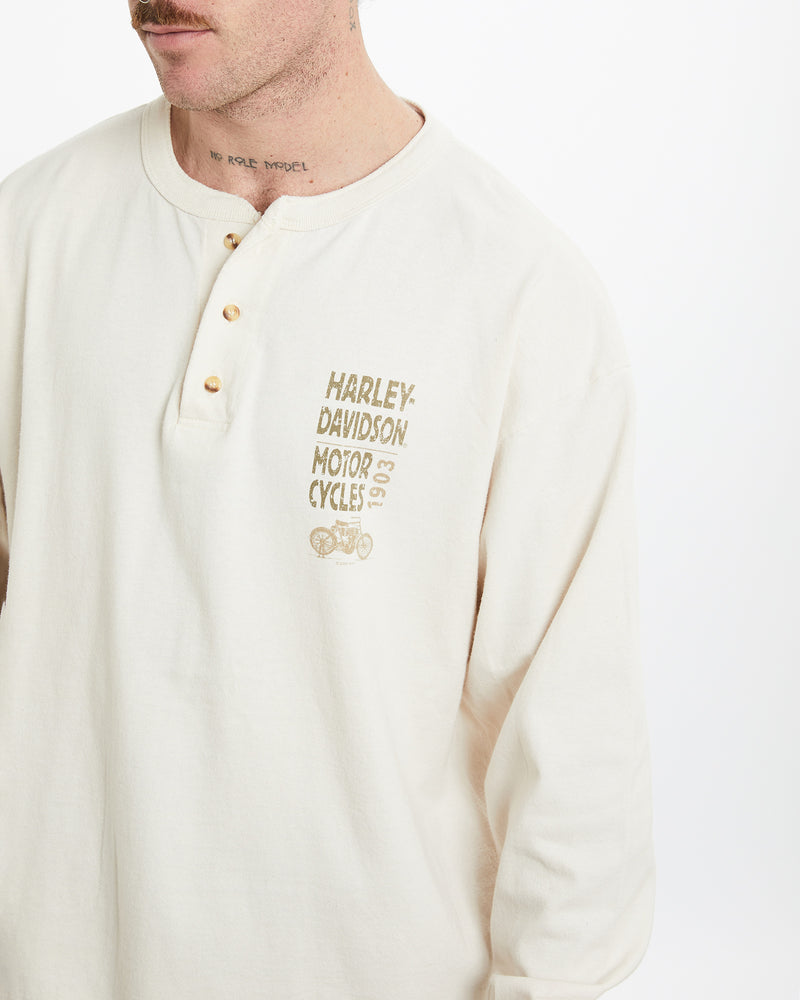Vintage 1998 Harley Davidson Henley Long Sleeve Tee <br>L , The Real Deal , newtown, sydney, australia, thrift store, opshop, preloved, secondhand, sustainable, retro, antique, 70s, 80s, 90s, 2000s, 00s, fashion, clothing, streetwear, trendy, garment, style, boutique, store, shop, archive, sale, cheap, best, top