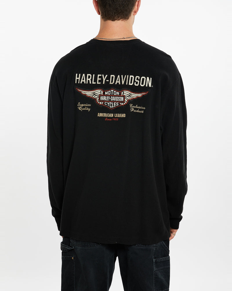 Vintage Harley Davidson Long Sleeve Henley Tee <br>XL , The Real Deal , newtown, sydney, australia, thrift store, opshop, preloved, secondhand, sustainable, retro, antique, 70s, 80s, 90s, 2000s, 00s, fashion, clothing, streetwear, trendy, garment, style, boutique, store, shop, archive, sale, cheap, best, top